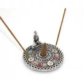 Dekoratif Metal Yuvarlak Buddha Figürlü Tütsülük - Stick & Konik Tütsü Tabağı Meditasyon için