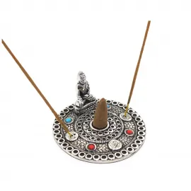 Dekoratif Metal Yuvarlak Buddha Figürlü Tütsülük - Stick & Konik Tütsü Tabağı Meditasyon için