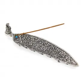 Ganesha Figürlü Oymalı Metal Kayık Tütsülük Tütsü Standı Gümüş Renk 22 Cm