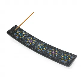 El Oyması Obsidian Taşı Kayık Tütsülük – Renkli Mandala Desenli Dekoratif Tütsü Standı 25 Cm