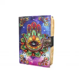 Gökkuşağı Galaksi Hamsa El Desenli Özel Tasarım Deri Defter - Kilitli Sanatsal Günlük