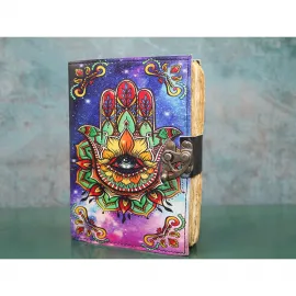 Gökkuşağı Galaksi Hamsa El Desenli Özel Tasarım Deri Defter - Kilitli Sanatsal Günlük
