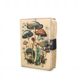 Doğa Temalı Mantar Desenli Vintage Deri El Yapımı Günlük Defter – Özel Metal Kilitli Not Defteri