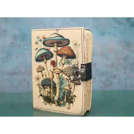 Doğa Temalı Mantar Desenli Vintage Deri El Yapımı Günlük Defter – Özel Metal Kilitli Not Defteri