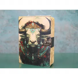 El Yapımı Görünümlü Antik Boğa Desenli Kilitli Deri Defter - Özel Tasarım Sanatsal Not Defteri