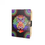 Renkli Mandala Baykuş Desenli Kilitli Vintage El Yapımı Deri Günlük Defter