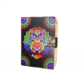 Renkli Mandala Baykuş Desenli Kilitli Vintage El Yapımı Deri Günlük Defter