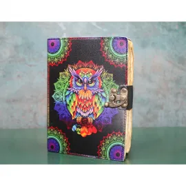 Renkli Mandala Baykuş Desenli Kilitli Vintage El Yapımı Deri Günlük Defter