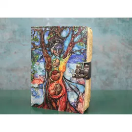 Hayat Ağacı ve Anne Tanrıça Temalı Sanatsal Deri Defter - El Yapımı Özel Günlük