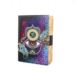 Mistik Hamsa Eli ve Om Sembollü Spiritüel Deri Defter – El Yapımı Görünümlü Ajanda