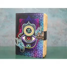 Mistik Hamsa Eli ve Om Sembollü Spiritüel Deri Defter – El Yapımı Görünümlü Ajanda