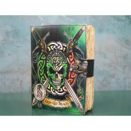Erin Go Bragh Yeşil Celtic Kurukafa ve Kılıç Temalı Kilitli Vintage Deri Günlük Defter