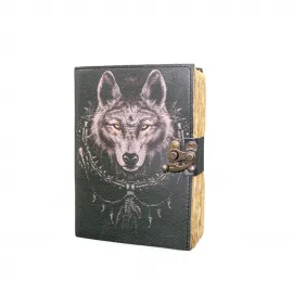 Fantastik Kurt Motifli Antik Görünümlü Deri Defter - Kilitli ve El Yapımı Tasarım