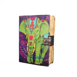 Mistik Fil Tasarımlı Kilitli El Yapımı Deri Defter - Özel Sanatsal Çizimler