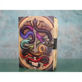 El Yapımı Deri Defter Antik Kilitli Sanatsal Yılan Desenli Not Defteri Ajanda