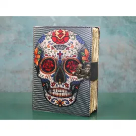 Şeker Kuru Kafa Tasarımlı Deri Kapaklı Vintage Kilitli Not Defteri Ajanda 18x13 Cm