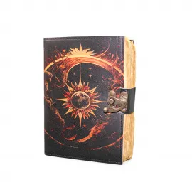 Mistik Güneş ve Ay Tasarımlı Kilitli Deri Defter - Özel El Yapımı Günlük 18x13cm