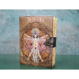 Kadim Bilgelik Temalı Vitruvian Adam ve Çakra Desenli El Yapımı Vintage Deri Defter