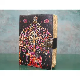 Deri Hayat Ağacı ve Fil Desenli Vintage Kilitli Defter | El Yapımı Kağıt Not Defteri Ajanda