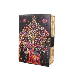 Deri Hayat Ağacı ve Fil Desenli Vintage Kilitli Defter | El Yapımı Kağıt Not Defteri Ajanda