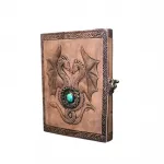 El Yapımı Kabartmalı Ejderha Temalı Deri Defter ve Günlük - Mistik Turkuaz Taş Detaylı Vintage Not Defteri