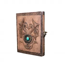 El Yapımı Kabartmalı Ejderha Temalı Deri Defter ve Günlük - Mistik Turkuaz Taş Detaylı Vintage Not Defteri