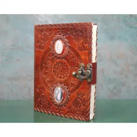 El Yapımı Antik Tasarım Taş İşlemeli Deri Kapaklı Mandala Motifli Not Defteri Ajanda