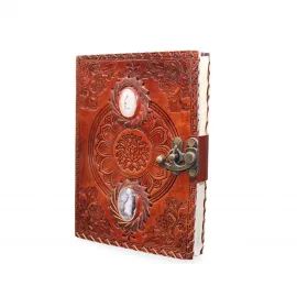 El Yapımı Antik Tasarım Taş İşlemeli Deri Kapaklı Mandala Motifli Not Defteri Ajanda