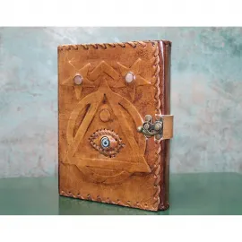 Antik Görünümlü El Yapımı Kabartma Göz Motifli Kahverengi Deri Defter