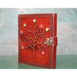 Otantik El İşçiliği Deri Defter, Renkli Doğal Taşlarla Bezenmiş Hayat Ağacı Motifli Günlük