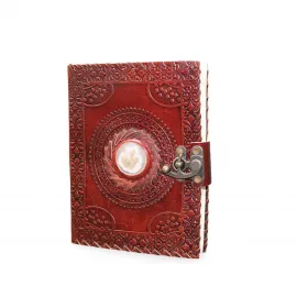 El Yapımı Antik Desenli Taş Detaylı Kilitli Deri Defter - Özel Tasarım Günlük Anı Defteri