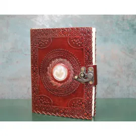 El Yapımı Antik Desenli Taş Detaylı Kilitli Deri Defter - Özel Tasarım Günlük Anı Defteri