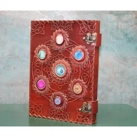 El Yapımı Antik Motifli Taşlı Deri Defter - Özel Kilitli Tasarım Günlük & Ajanda