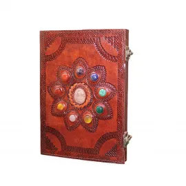 El Yapımı Doğal Taş Detaylı Hakiki Deri Defter - Sanatsal İşçilikli Özel Tasarım Günlük