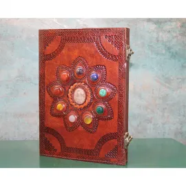 El Yapımı Doğal Taş Detaylı Hakiki Deri Defter - Sanatsal İşçilikli Özel Tasarım Günlük