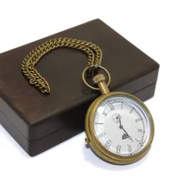 Vintage Antik Pirinç Zincirli Köstekli Cep Saati ve Özel Ahşap Hediyelik Kutusu