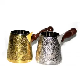 Otantik İşlemeli 3.5 İnç Türk Kahvesi Cezvesi Seti: Pirinç ve Gümüş Renk Ahşap Saplı