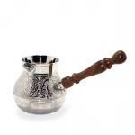 El Yapımı Gümüş Kaplama Pirinç Türk Kahvesi Cezvesi | Oymalı Ahşap Saplı 5 İnç Boyut