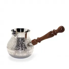 El Yapımı Gümüş Kaplama Pirinç Türk Kahvesi Cezvesi | Oymalı Ahşap Saplı 5 İnç Boyut