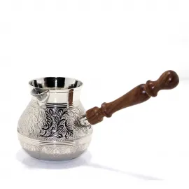 El Yapımı Gümüş Kaplama Pirinç Türk Kahvesi Cezvesi | Oymalı Ahşap Saplı 5 İnç Boyut