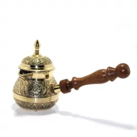 Otantik El Yapımı Pirinç Cezve 5.25 İnç – Geleneksel Türk Kahvesi Deneyimi İçin Ahşap Saplı İbrik