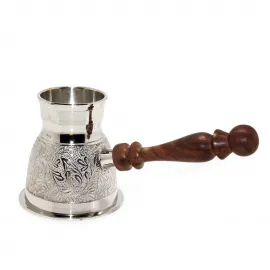 El İşçiliği Pirinç Türk Kahvesi Cezvesi | Geleneksel Motifli, Ahşap Saplı 4 İnç Özel Boyut