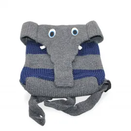 Sevimli Fil Tasarımlı Örgü Çocuk Sırt Çantası - Mavi Gri Çizgili Anaokulu ve Kreş İçin İdeal