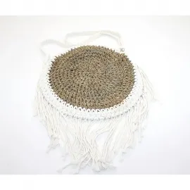 El Yapımı Yuvarlak Hasır Omuz Çantası Püsküllü Makrome Detaylı Beyaz Plaj Çantası Bohem Tarzı Yazlık Kadın Çantası