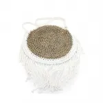 El Yapımı Yuvarlak Hasır Omuz Çantası Püsküllü Makrome Detaylı Beyaz Plaj Çantası Bohem Tarzı Yazlık Kadın Çantası