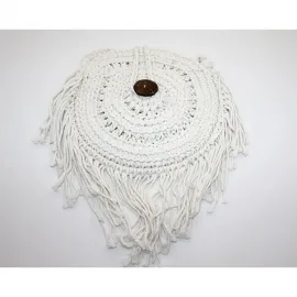 El Yapımı Bohem Beyaz Yuvarlak Makrome Çanta | Fringe Detaylı Plaj ve Yaz Stili