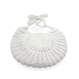Mahendra-6 El Örgüsü Beyaz Yuvarlak Omuz Çantası | Doğal Pamuk Bohem Plaj Çantası