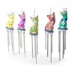 El Yapımı Renkli Ahşap Kedi Figürlü Metal Rüzgar Çanı - Dekoratif Bahçe Balkon