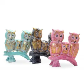 El Yapımı Ahşap Üçlü Baykuş Biblosu | Dekoratif Aile Baykuş Figürü | Ev ve Ofis Hediyelik Eşya