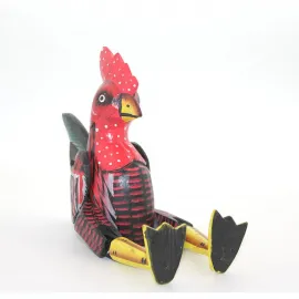 El Yapımı Ahşap Dekoratif Kırmızı Horoz Biblo Salanan Oturan Figür - Canlı Ev Dekoru
